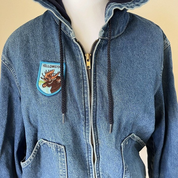 Vintage Womens Denim Jacket Yellowstone Patch Hooded Lined 90s USA - Picture 3 of 16